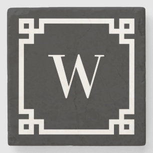 Black and White Greek Key Border Monogram Stone Coaster