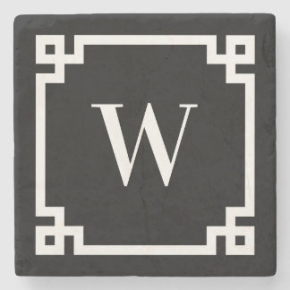 Black and White Greek Key Border Monogram Stone Coaster