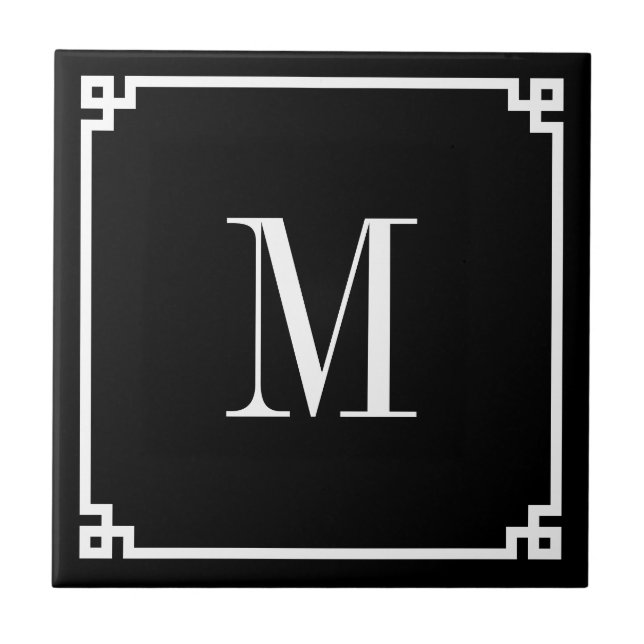 Black and White Greek Key Border Monogrammed Tile (Front)