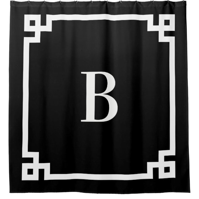 Black and White Greek Key Border Simple Monogram Shower Curtain (Front)