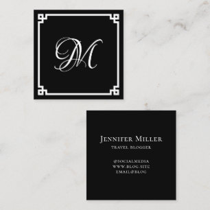 Black and White Greek Key Calligraphy Monogram Square Business Card