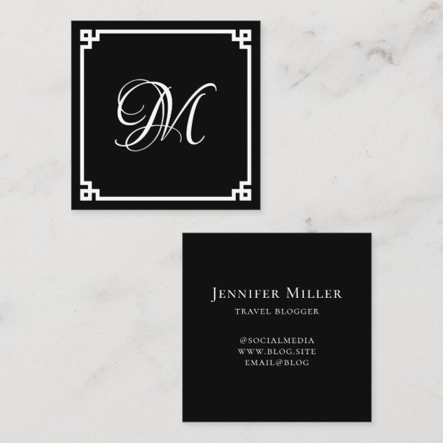 Black and White Greek Key Calligraphy Monogram Square Business Card (Front/Back)