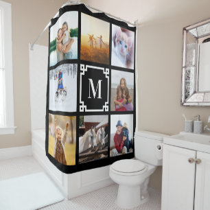 Black and White Greek Key Monogram 8 Photo Collage Shower Curtain