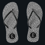 Black and White Greek Key Monogram Flip Flops<br><div class="desc">Custom printed flip flop sandals with a stylish modern Greek key pattern and your custom monogram or other text in a circle frame. Click Customise It to change text fonts and colours or add your own images to create a unique one of a kind design!</div>