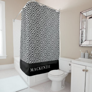 Black and White Greek Key Name Monogram Shower Curtain