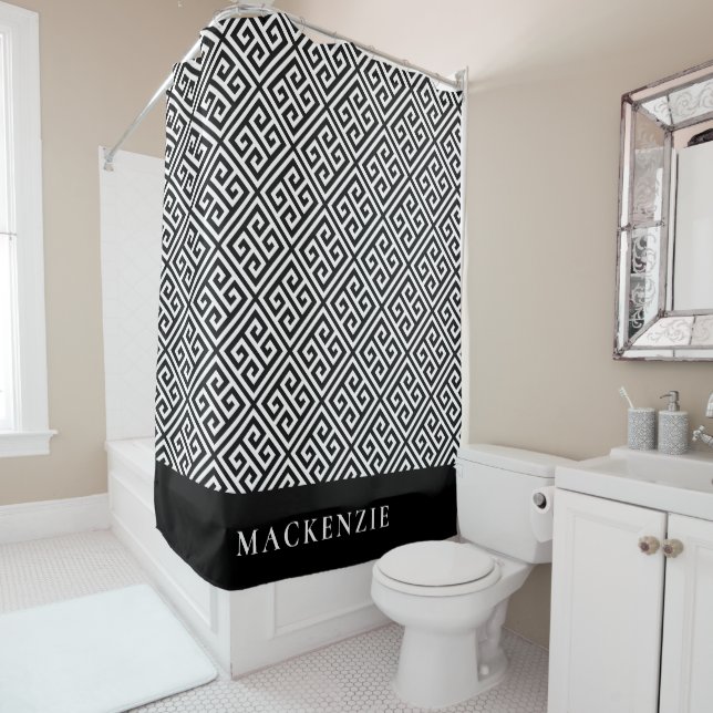 Black and White Greek Key Name Monogram Shower Curtain (In Situ)