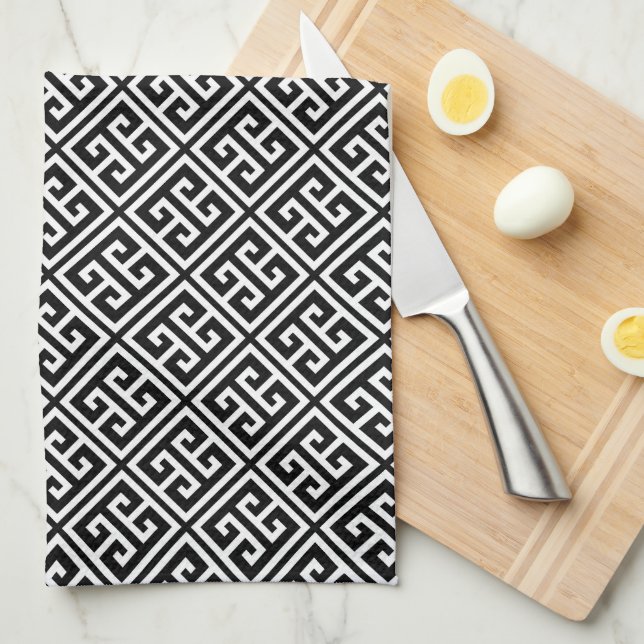 Black and White Greek Key Pattern Tea Towel (Quarter Fold)