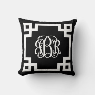 Black and White Greek Key Script Monogram Cushion