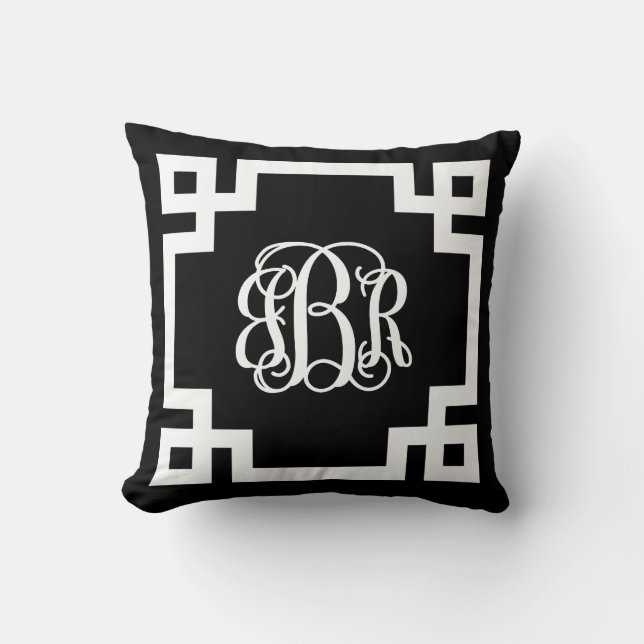 Black and White Greek Key Script Monogram Cushion (Front)