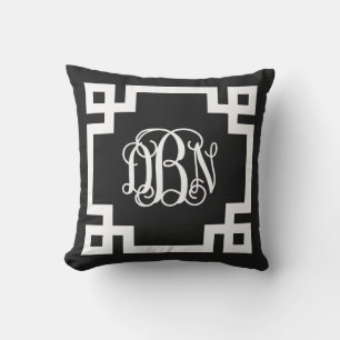 Black and White Greek Key Script Monogram DBN Outdoor Cushion