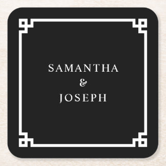 Black and White Greek Key Wedding Square Paper Coaster