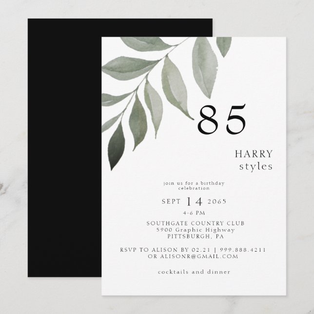Black and White Greenery 85TH Birthday Party  Invitation (Front/Back)