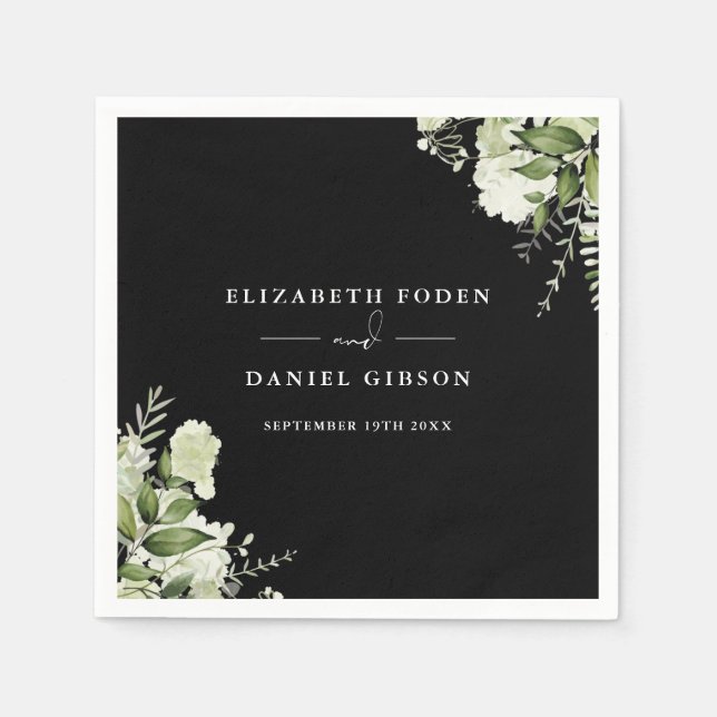 Black And White Greenery Floral Elegant Names Date Napkin (Front)