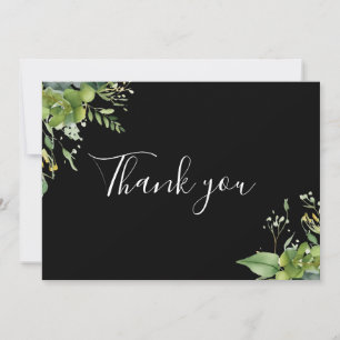 Black And White Greenery Floral Elegant Script Thank You Card
