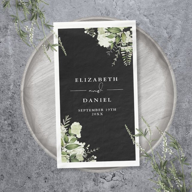 Black And White Greenery Floral Elegant Wedding Napkin (Black And White Greenery Floral Elegant Wedding Paper Guest Towels)