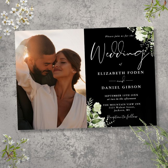 Black And White Greenery Floral Photo Wedding Invitation (Black And White Greenery Floral Photo Wedding Invitation)