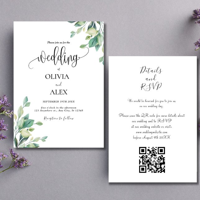 Black And White Greenery Floral QR Code Wedding  Invitation (Creator Uploaded)