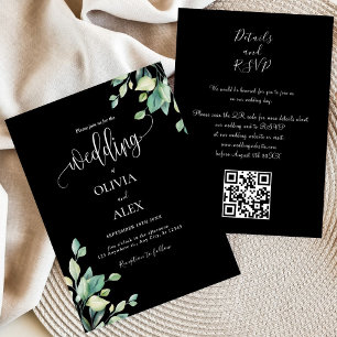 Black And White Greenery Floral QR Code Wedding Invitation