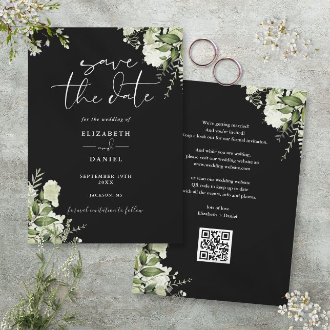 Black And White Greenery Floral QR Code Wedding Save The Date (Black And White Greenery Floral QR Code Wedding Save The Date)