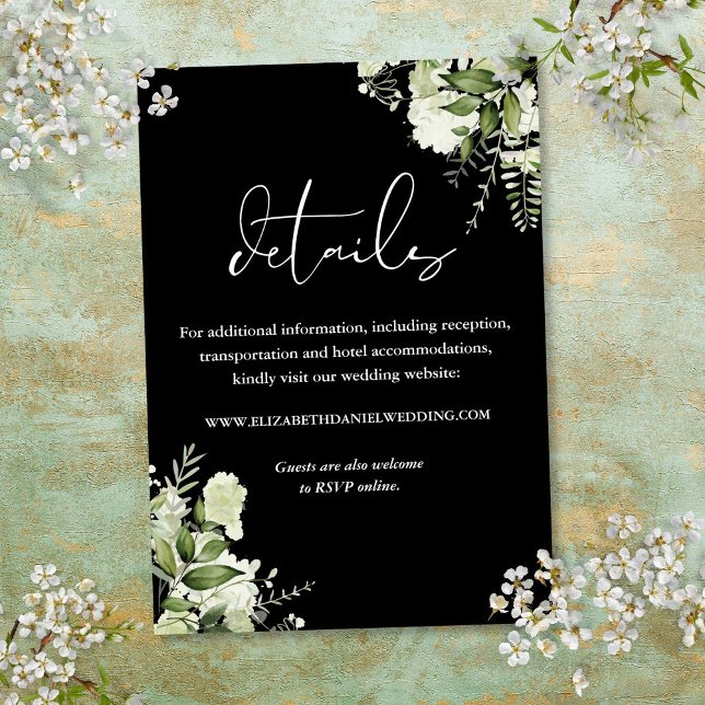 Black And White Greenery Floral Wedding Details Enclosure Card (Black And White Greenery Floral Wedding Details Enclosure Card)