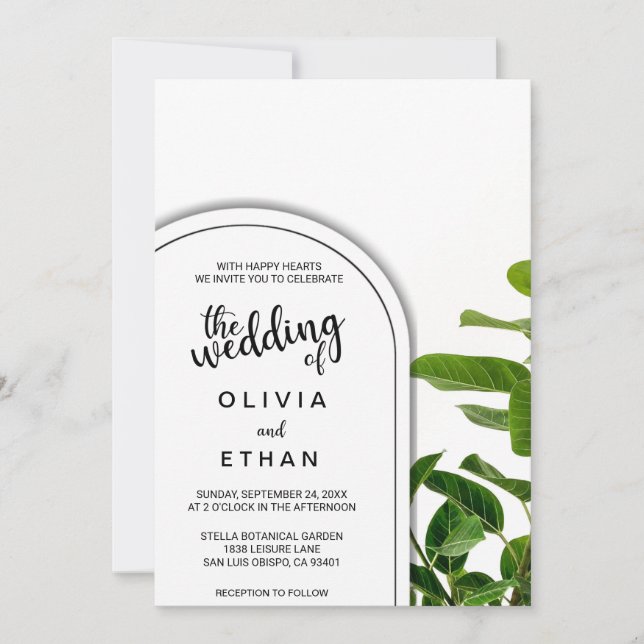 Black and white greenery floral Wedding Invitation (Front)