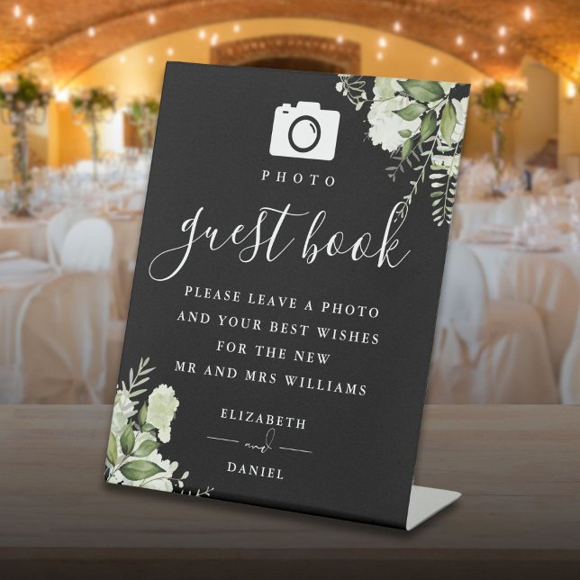 Black And White Greenery Photo Guest Book Wedding Pedestal Sign (Black And White Greenery Photo Guest Book Wedding Pedestal)
