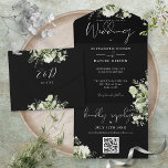 Black And White Greenery QR Code Monogram Wedding All In One Invitation<br><div class="desc">All in one wedding invitation featuring botanical greenery rustic leaves,  and elegant typography on a black background. The invitation includes a perforated RSVP card featuring a QR code. Designed by Thisisnotme©</div>