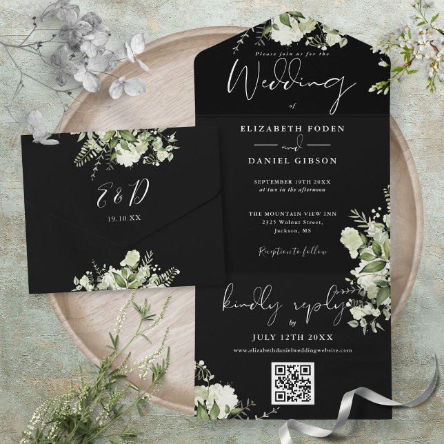 Black And White Greenery QR Code Monogram Wedding All In One Invitation (Black And White Greenery QR Code Monogram Wedding All In One Invitation)