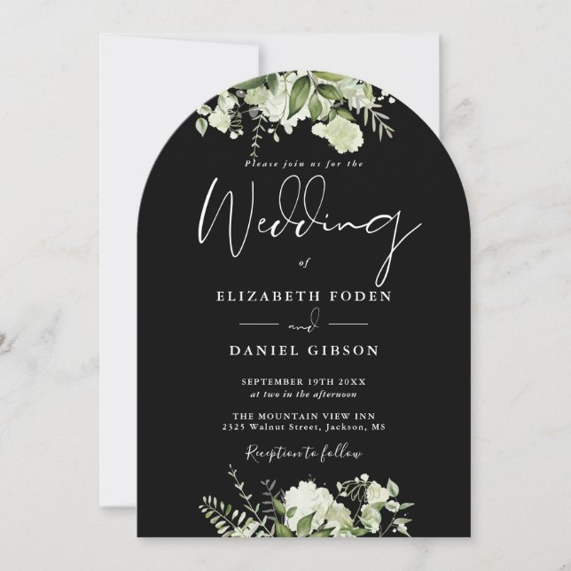  Black and White Greenery QR Code Wedding Arch Invitation (Front)