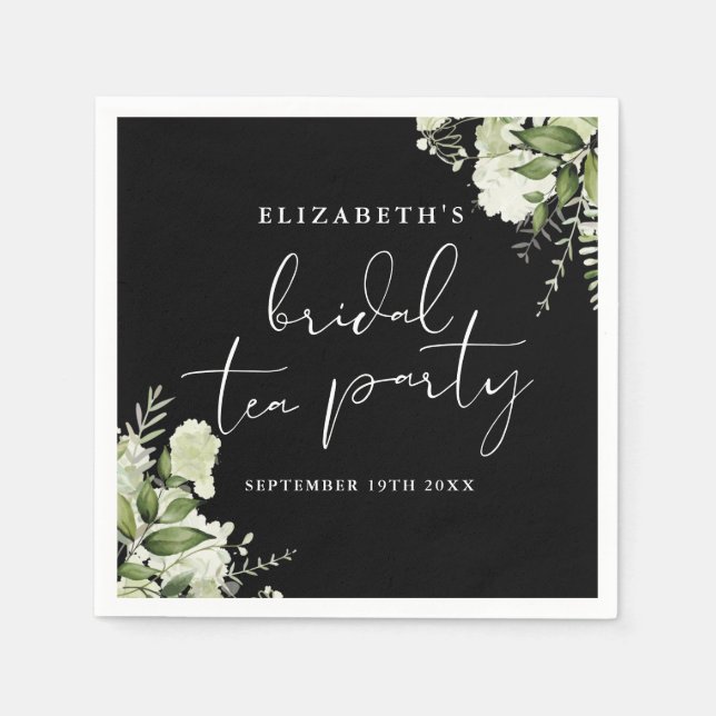 Black And White Greenery Script Bridal Tea Party Napkin (Front)