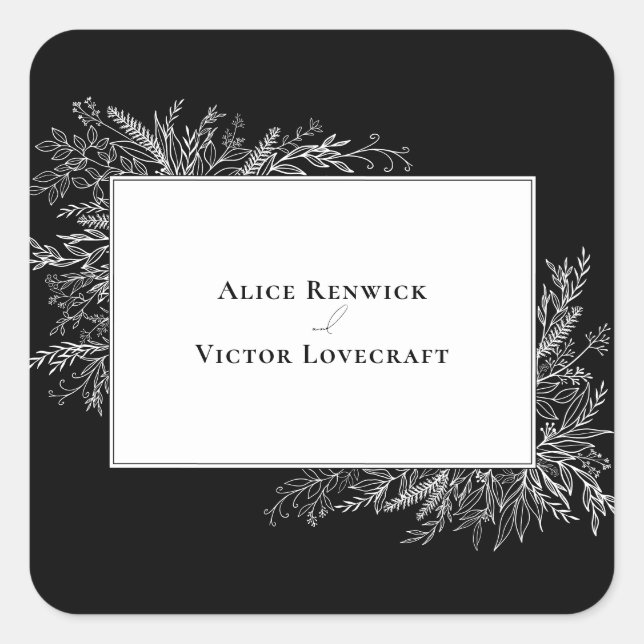 Black and White Greenery Wedding Envelope Stickers (Front)