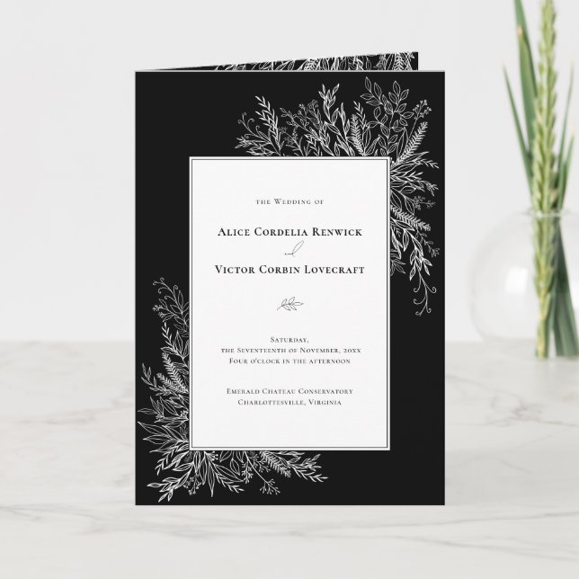 Black and White Greenery Wedding Folded Programme (Front)