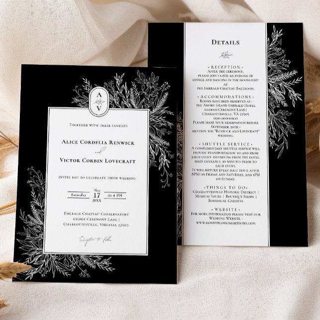 Black and White Greenery Wedding Monogram Details Invitation (Creator Uploaded)