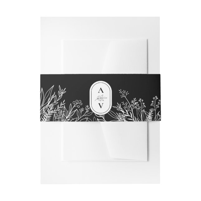 Black and White Greenery Wedding Monogram Invitation Belly Band (Front Example)