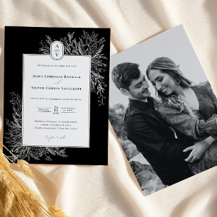 Black and White Greenery Wedding Monogram Photo Invitation