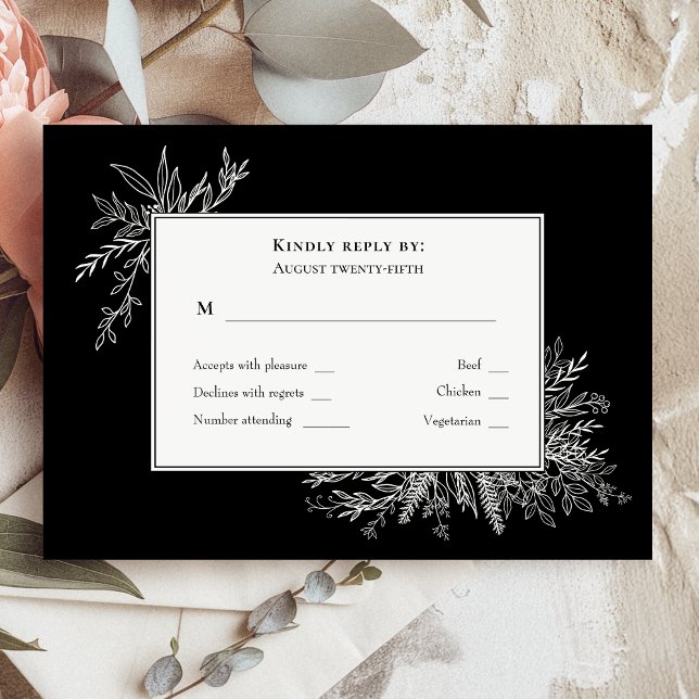 Black and White Greenery Wedding Monogram RSVP Card (Creator Uploaded)
