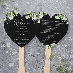 Black And White Greenery Wedding Program Heart Hand Fan