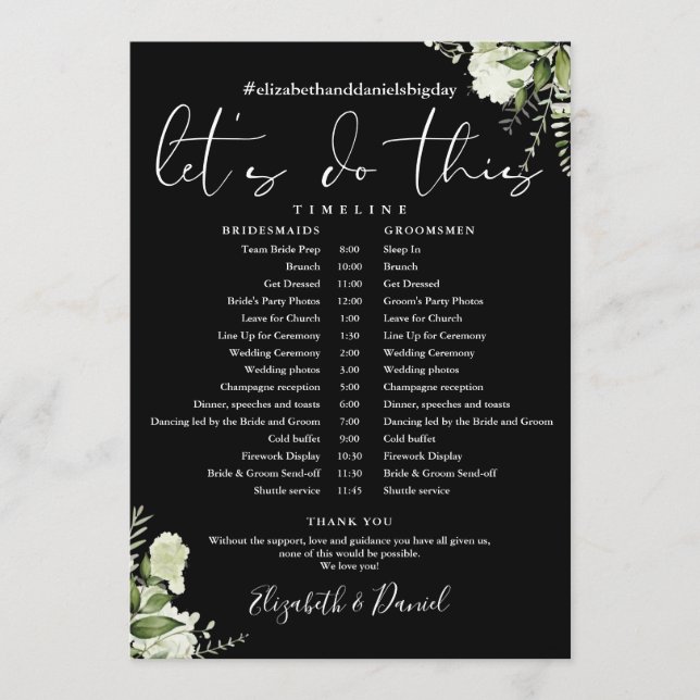 Black And White Greenery Wedding Schedule Timeline Programme (Front)
