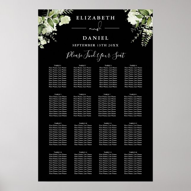 Black And White Greenery Wedding Seating Chart (Front)