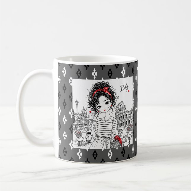 black and white grey geometric fine pattern coffee mug (Left)