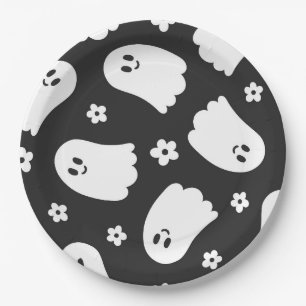 Black and White Groovy Ghost and Flowers Paper Plate