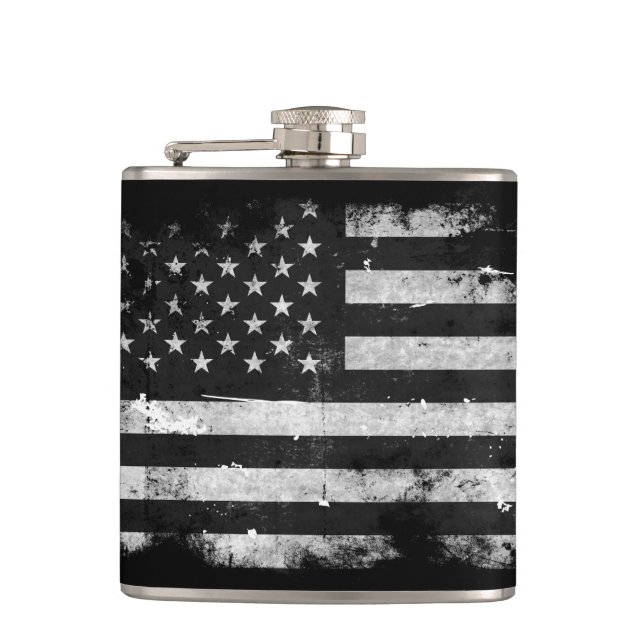 Black and White Grunge American Flag Hip Flask (Front)