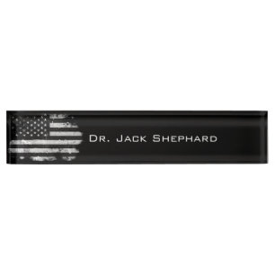 Black and White Grunge American Flag Nameplate
