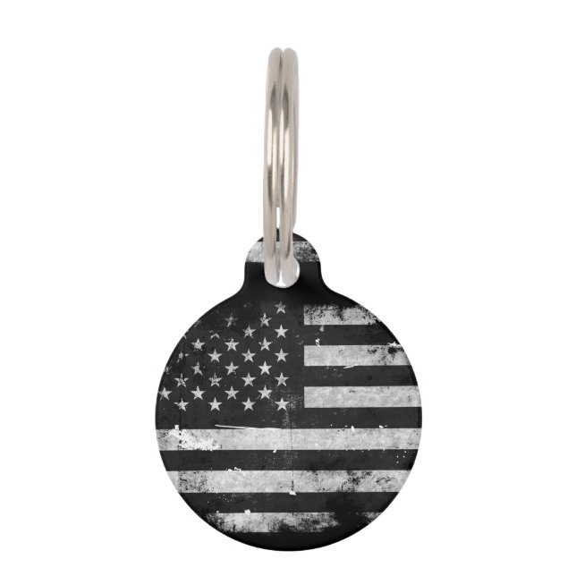 Black and White Grunge American Flag Pet Tag (Back)