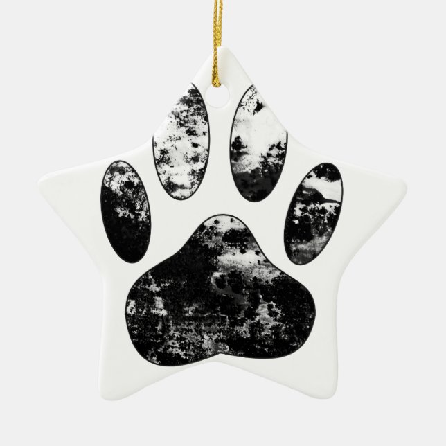 Black and White Grunge Dog Paw Print Ceramic Tree Decoration (Front)