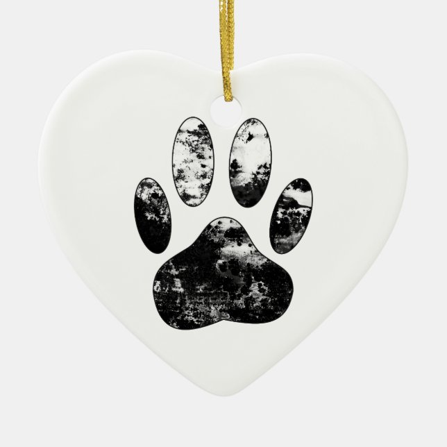 Black and White Grunge Dog Paw Print Ceramic Tree Decoration (Front)