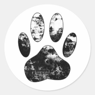 Black and White Grunge Dog Paw Print Classic Round Sticker