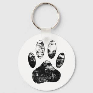 Black and White Grunge Dog Paw Print Key Ring