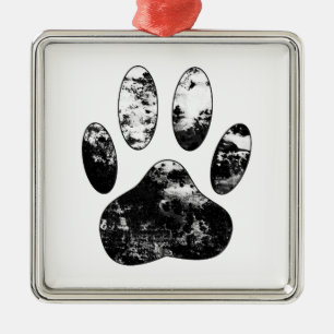 Black and White Grunge Dog Paw Print Metal Tree Decoration