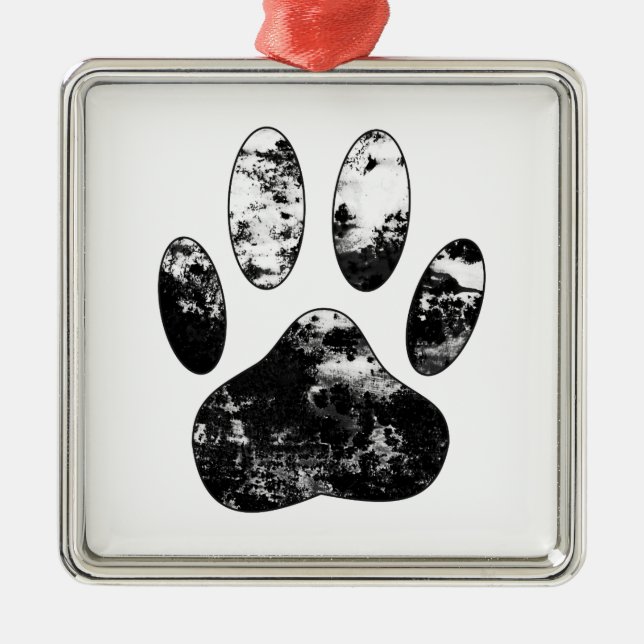 Black and White Grunge Dog Paw Print Metal Tree Decoration (Front)